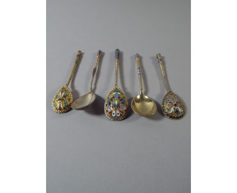 A Collection of Five Russian Silver Spoons with Cloisonne Enamel Decoration. Marks for St Petersburg, Klingert, BM HC