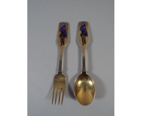 A Danish Silver Spoon and Fork with Enamel Depiction of Mary and Child. 