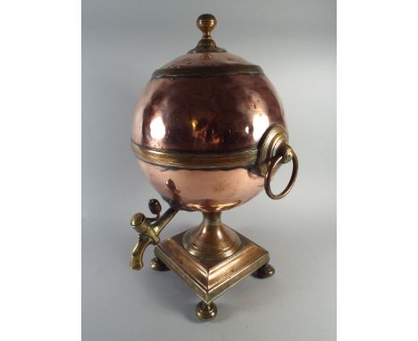 An Early 19th Century Regency Copper Samovar of Spherical Form with Vented Lid and Ring Carrying Handles. 44cm High