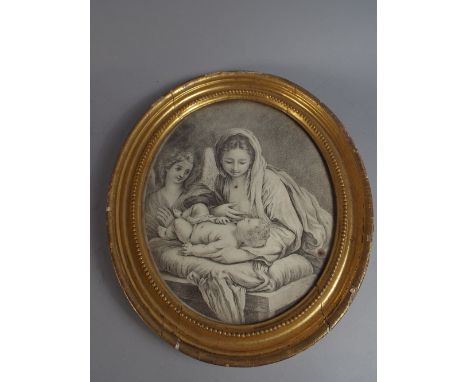 An 18th Century Monochrome Print of Mother and Child in Original Carved and Gilded Oval Frame. 25x30cm