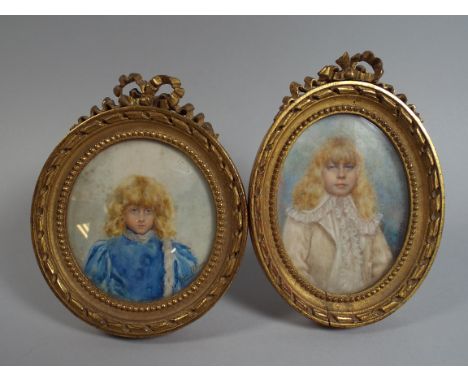 Two Gilt Framed Portrait Miniature Watercolours of young Boys, Signed Andree D'onay and Baldou.