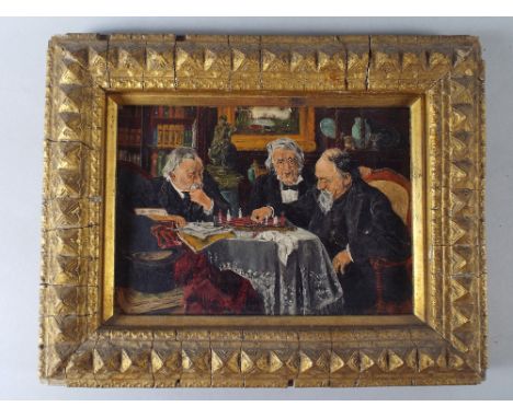 A Small Gilt Framed Oil on Board Depicting Three 19th Century Gents in Club Playing Chess. (Painting 17cm x12cm)