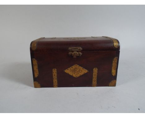 A Small Brass Mounted Oriental Tea Caddy with Tinned Liner.