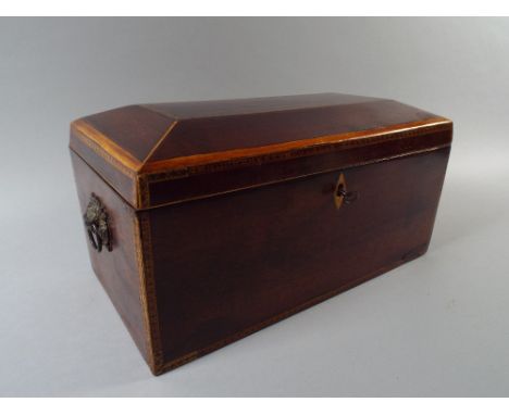 A 19th Century Sarcophagus Shaped Two Division Tea Caddy with Micro Stringing and Two Carrying Handles. Lift top to Two Remov