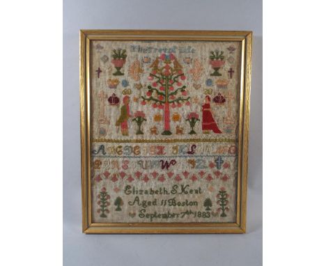 A Framed Late 19th Century Sampler, The Tree of Life, The Work of Elizabeth S Kent aged 11, Boston September 7th 1883