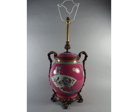 A Chinese Vase set into Ormolu Mount and Converted into a Table Lamp. Decorated in Multi Coloured Enamels with Birds, Poultry