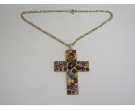 A unique 18ct yellow gold cross set with thirty-four coloured stones on 18ct  yellow gold figure eight link 44cm necklet chai