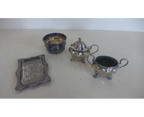 Two silver cruet pieces, a silver bowel and a silver punch pin tray, total weight approx 5 troy oz 