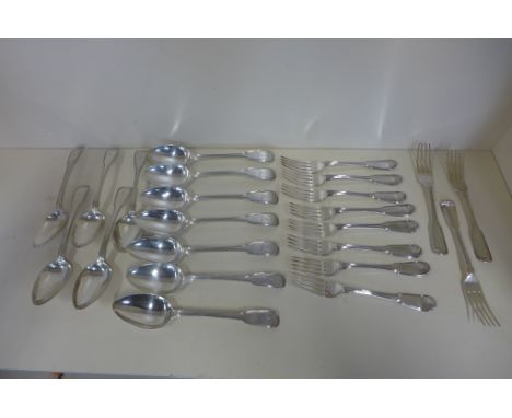 Twelve Georgian silver spoons and eleven Georgian silver forks all bearing the same crest, eleven spoons and eight forks hall