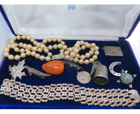 A collection of silver and costume jewellery, stamp case, thimble etc, silver bracelet, stamped 830 - total silver weight app