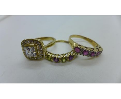 Three 9ct gold dress rings, all size R, two marked 375, other has no mark but tests to approx 9ct, has been resized, approx 9