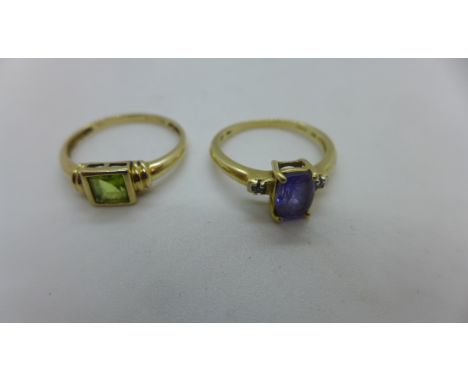 A 9ct gold amethyst and diamond set ring, size L 1/2 - and a 9ct gold peridot set ring, size O, total weight approx 3.4 grams