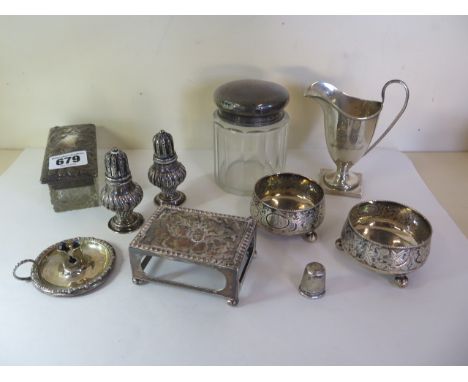 An interesting mixed let of silver to include match box holder, embossed with cherubs, pair of Victorian salts without liners