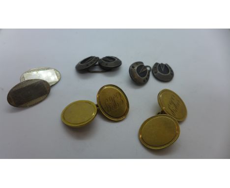 A pair of 9ct gold oval cufflinks with monogram, fully hallmarked, weight approx 12 grams, together with a damaged pair of si