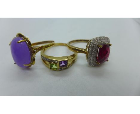 Two 9ct gold dress rings, marked 375, approx 7.3 grams, and a 14ct ring, approx 3.5 grams, marked 14k, all size R, all good 