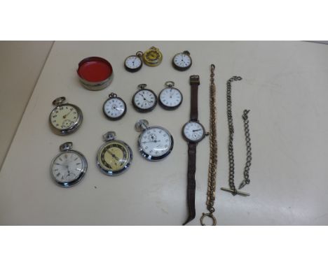 A collection of pocket watches and a stop watch, including Smiths, two Ingersol and Lucerne, all running, pocket watch and tw