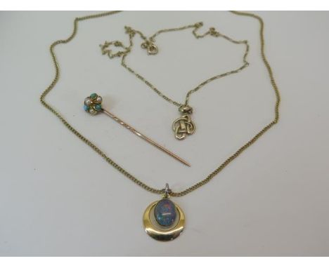 A gold pearl and turquoise pin in a Drake and Lewis box, a 9ct Celtic pendant on 9ct chain, approx 2.8 grams - and a plated o