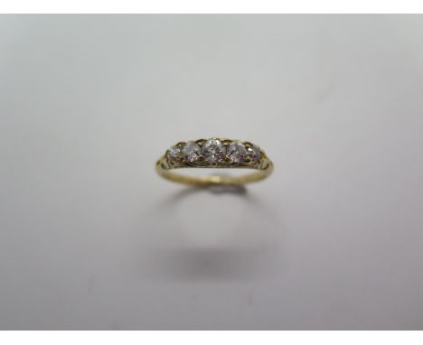 A Victorian five stone diamond yellow gold ring, no hallmark but tests to approx 18ct, ring size R, approx 3.5 grams, engrave