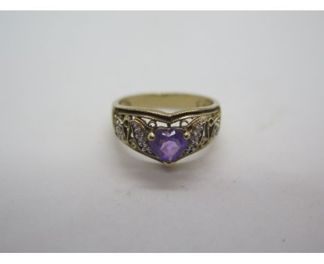 A 9ct hallmarked amethyst and diamond ring, size M, approx 3.3 grams, some usage but generally good 