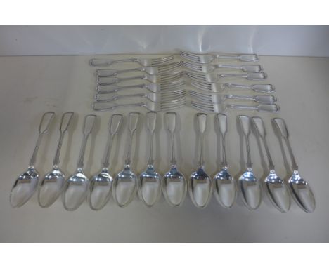 Twelve silver forks and twelve matching spoons, 18cm long, Sheffield 1925/26 - total weight approx 49 troy oz, maker CB and S