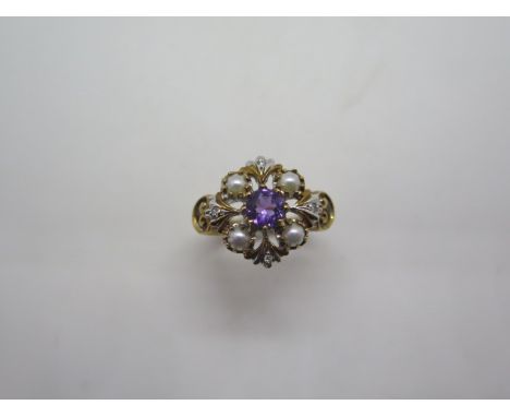 A 9ct yellow gold amethyst and pearl diamond ring, size N, approx 5 grams, in generally good condition 