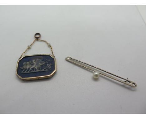A 9ct white gold stick pin set with a single pearl, length 5cm weight approx 1.2 grams, and an antique gold mounted Wedgewood