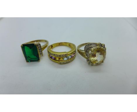 Three 9ct yellow gold dress rings, marked 375 or 9ct, all size R, approx 14 grams, all good 