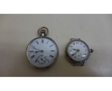 A silver cased mid size pocket watch, diameter 41mm, for repair, stamped 800 - and an early silver cased wristwatch, running 