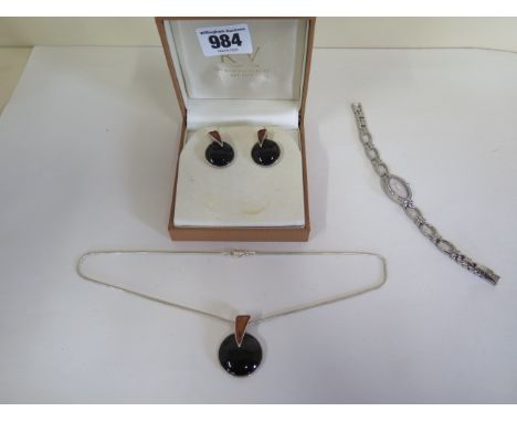 A silver amber and jet earring and necklace set and ladies Rotary watch, need a battery 