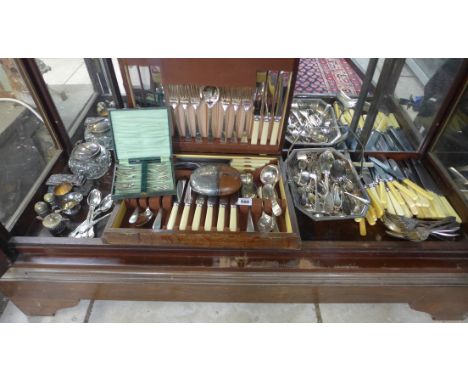 A large collection silver plate and table knives cased cutlery, hip flask etc 