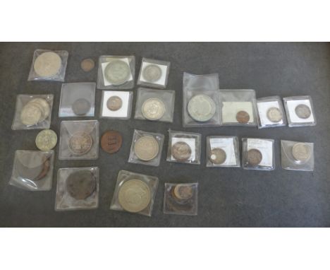 A collection of Georgian and later silver and other coins including a model half Eagle token 