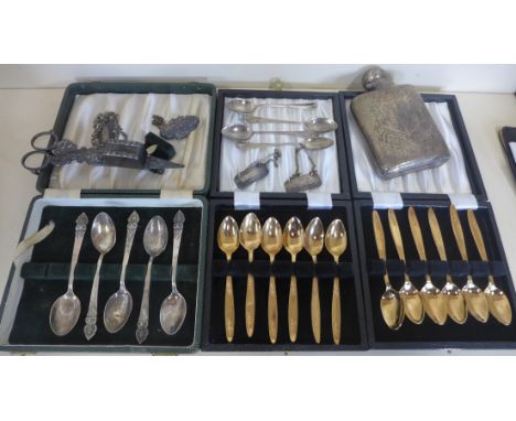 A small collection of silver and plate to include silver spoons, silver hip flask - split, gold plated teaspoons, plated wine