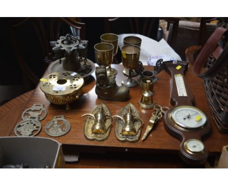 A reproduction mahogany barometer; a quantity of various brass ware etc