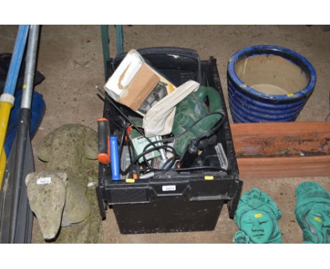 A box of various hand tools to include hand saws; foot pump; sander; planer etc