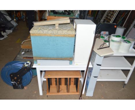 A linen basket; a white painted table; CD rack; walking stick; wall shelf; tv aerial kit etc.