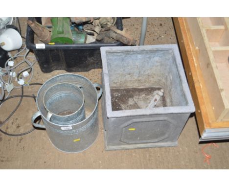 A square garden planter; and two galvanised containers