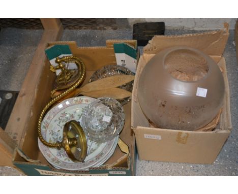 A brass Victorian style wall lamp with opaque globular shade; a set of five Adams Calyx Ware dessert plates; etc. 