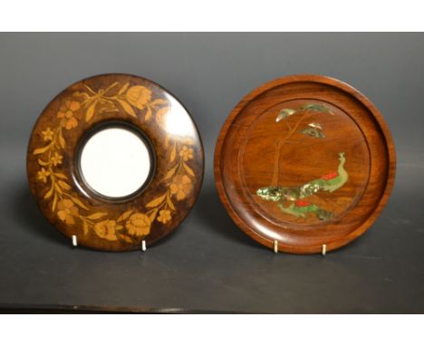A circular photo frame, a plate inlaid with peacock in mother of pearl; etc.