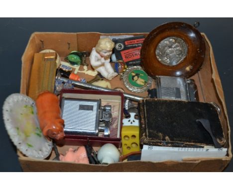Boxes and objects- a small framed silver plaque, a Victorian notebook  with bone pencil, Ronson and other lighters, a carved 