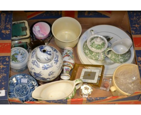 A set of six Chinese blue and white transfer printed saucers; a mimiature Famille Rose vase; a West German Acctim brass and p