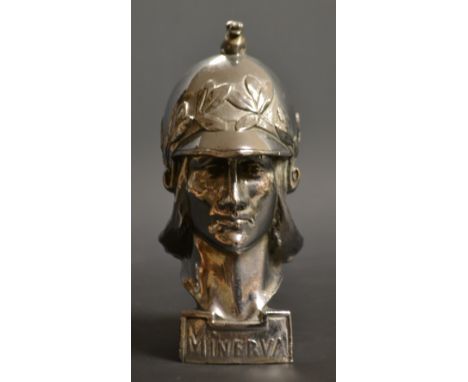 A Minerva chromium plated car mascot, boldly cast with a stylized depiction of the goddess of wisdom, the helmet with laurels