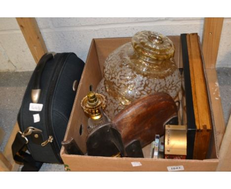 Boxes and objects - a modern wooden and metal elephant sculpture; a display case; a clock; two lamp shades etc. (2 boxes)