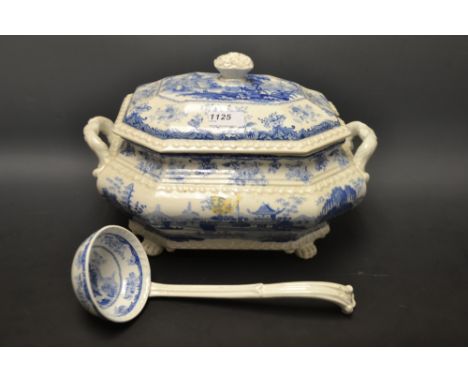 A Chinese Marine tureen, cover and ladle, deocrated in blue and white with willow trees and pagodas 