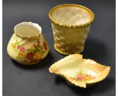 A Royal Worcester basket weave planter, gilt rim and foot, a blush ivory vase, a leave dish (3)