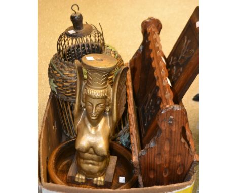 A treen carved panel, with acorns; a carved and gilt wood lamp base, as a sphinx; a turned treen pedestal bowl; a wickerwork 
