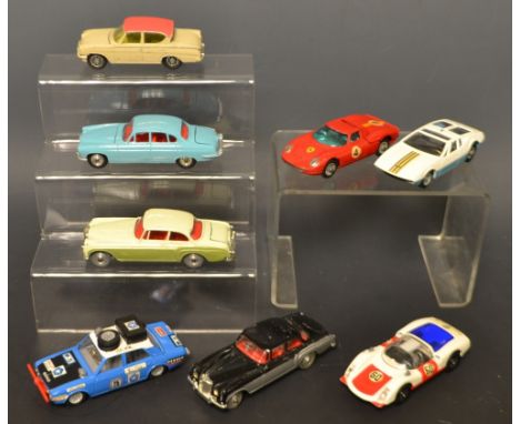 Corgi Toys- 314 Ferrari Berlinetta 250 Le Mans in red;  330 Porsche Carrera 6;  302 Hillman Hunter Rally Car;  203 De Tomaso 