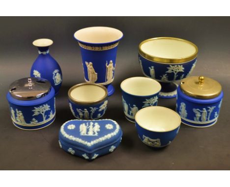 A Wedgwood Jasperware flared cylindrical vase; similar pedestal sugar bowl, EPNS rim; two preserve pots and covers; miniature