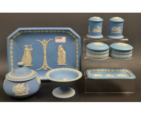 A Wedgewood Jasperware dressing table tray, powder bowl and table vestas; cover, trinket pots, pedestal dish (8)