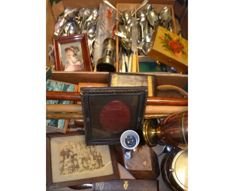 An oak barometer; a treen box carved with floral decoration; treen lamp; bowl; treen biscuit barrel; EPNS cutlery; etc. (2)