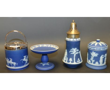 A 19th century Wedgwood Jasperware preserve pot and cover, applied in relief with horsemen, EPNS mounted, swing handle, 15cm 